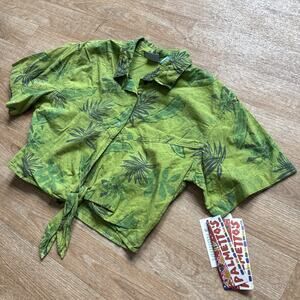 Vintage Deadstock 1980s PALMETTOS Hawaiian Green Tropical Shirt M Front Tie Crop